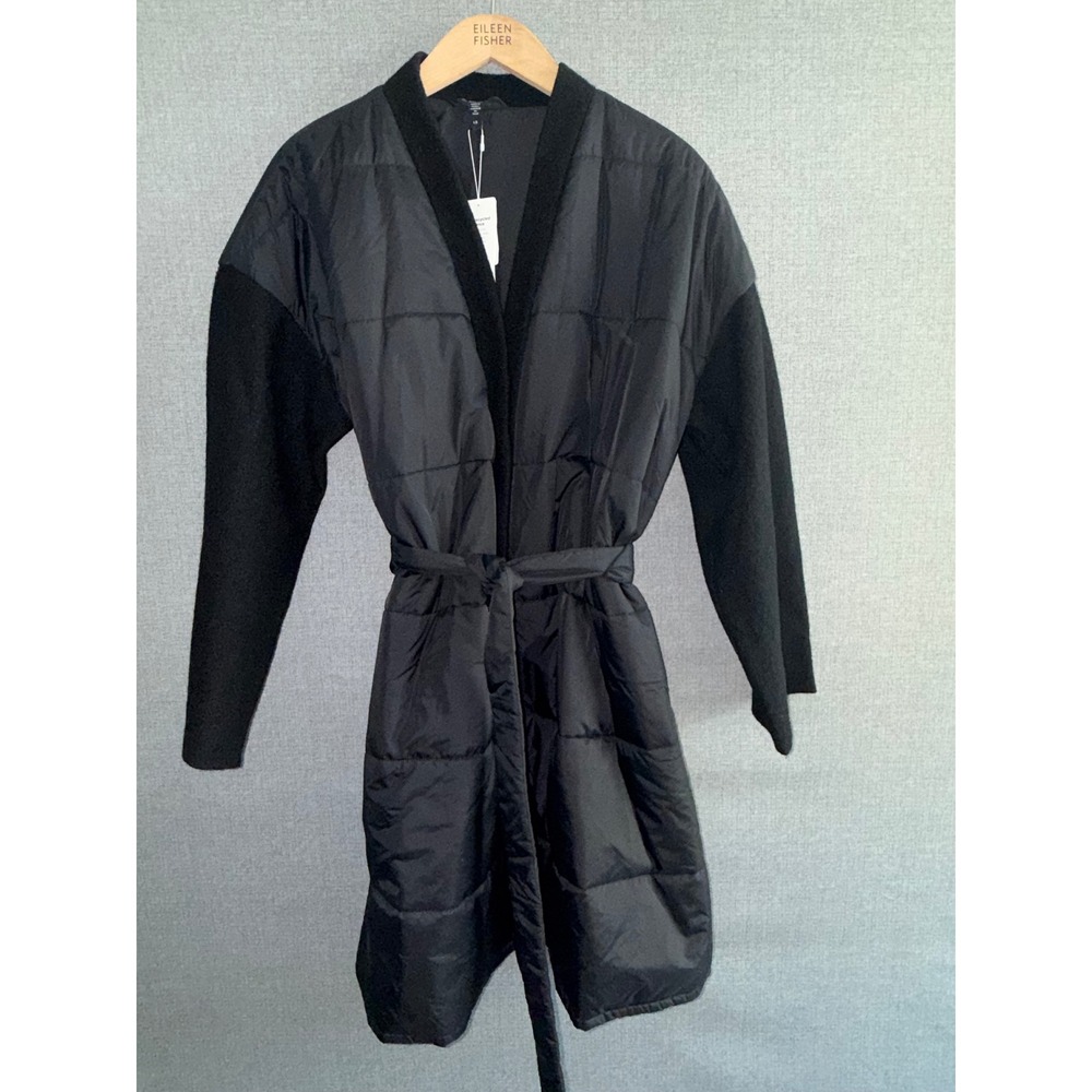 NWT Eileen Fisher L Black Puffer Coat Wool Sleeve Mixed Media Belted